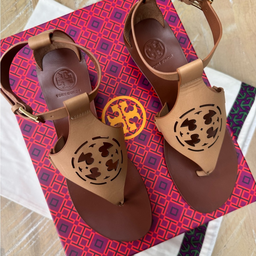 Tory Burch Tan Leather Cutout Logo Thong Sandals